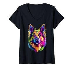 Damen Buntes Schäferhundgesicht, niedlicher GSD-Liebhaber, Männer und Frauen, Schwarz T-Shirt mit V-Ausschnitt von Colorful Dog Face