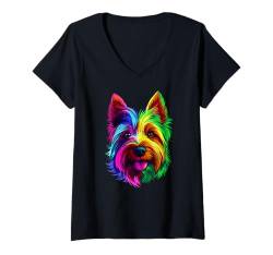 Damen Buntes West Highland Terrier Rainbow Westie Face Schwarz T-Shirt mit V-Ausschnitt von Colorful Dog Face