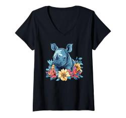 Damen Süßes Nashorn mit Blumen I Nashorn T-Shirt mit V-Ausschnitt von Colorful Rhino Art I Kids Rhino