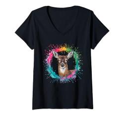 Damen Hirsch Herren Damen Bunt Aquarell Hirsch T-Shirt mit V-Ausschnitt von Colorful Watercolor Animal Designs