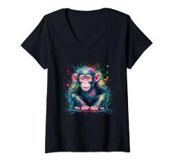 Damen Schimpanse Herren Frau Bunt Aquarell Schimpanse T-Shirt mit V-Ausschnitt von Colorful Watercolor Animal Designs