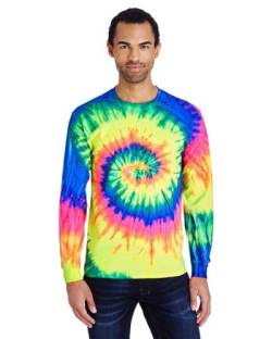 Colortone Unisex Batik Langarm Shirt 'Swirl' | Batik Shirt mit verschiedenen Mustern | Flower Power Kleidung Damen Herren aus Baumwolle | Handgefärbtes Batik Design | Neon Rainbow, XL von Colortone