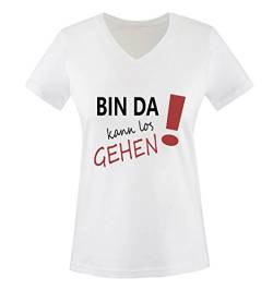 Comedy Shirts - Bin da kann los gehen! - Damen V-Neck T-Shirt - Weiss/Schwarz-Rot Gr. L von Comedy Shirts
