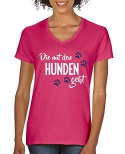 Comedy Shirts - Die mit den Hunden geht - Damen V-Neck T-Shirt - Pink/Weiss-Lila Gr. L von Comedy Shirts