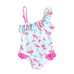 Comforso Mädchen Schwimmen Kostüm Flamingo -Druck 1 Stück Prinzessin Badeanzug Flamingo Badeanzug Kinder Rüschenanzug Hawaiianischer Strand (S, Blue) von Comforso