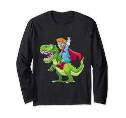 Superhelden-Geburtstagsjunge reitet T Rex Dinosaurier Kinder Kleinkind Langarmshirt von Comic Book Superhero Birthday Party Gifts