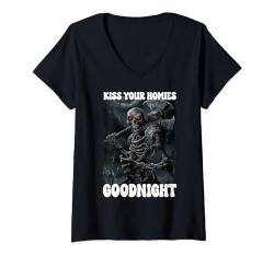 Damen Kiss Your Homies Goodnight Cringe Skeleton T-Shirt mit V-Ausschnitt von Cool Skeleton Edgy Funny Hard Skeleton Meme