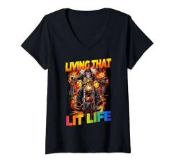 Damen Living That Lit Life Cringe Skeleton T-Shirt mit V-Ausschnitt von Cool Skeleton Edgy Funny Hard Skeleton Meme