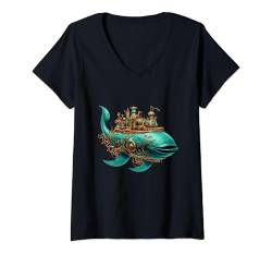 Damen Steampunk Meerestier Walliebhaber Vintage Wal T-Shirt mit V-Ausschnitt von Cool Steampunk Sea Animals Apparel