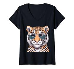 Damen Cool Tiger Sonnenbrille Vintage Bengal Tiger Lovers T-Shirt mit V-Ausschnitt von Cool Tiger Design