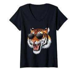 Damen Tiger Roar Sonnenbrille Vintage Brüllender Bengalischer Tiger Liebhaber T-Shirt mit V-Ausschnitt von Cool Tiger Design