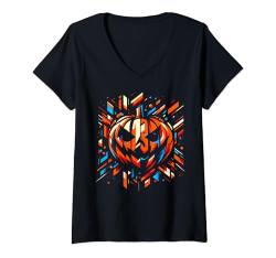 Damen Jack O Laterne Kürbis Halloween Abstrakte Kunst Stil T-Shirt mit V-Ausschnitt von Cool and Spooky Halloween Abstract Art Store