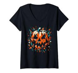 Damen Jack O Laterne Kürbis Halloween Abstrakte Kunst Stil T-Shirt mit V-Ausschnitt von Cool and Spooky Halloween Abstract Art Store