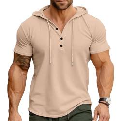 Cooleep Herren T-Shirts Sommer Hoodie Kapuzenpullover Kurzarm Tshirt Baumwoll für Männer Freizeit Sport Beige L von Cooleep