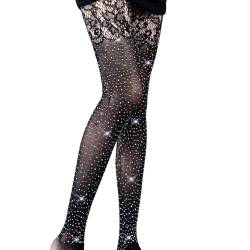 Copbopwn Halterlose Strümpfe für Frauen, Nylonstrümpfe Strass Mesh Strümpfe Sexy Strümpfe Glitzernde Glitzer-Netzstrümpfe Schwarze elastische Anti-Rutsch-Netzstrümpfe Glänzende Oberschenkelstrümpfe von Copbopwn