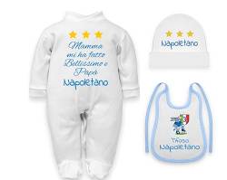 Neapel Babybody Mama machte mich schön und Papa Neapolitanischer Langarm aus warmer Baumwolle, Neapel Set Baby Wunderschöner Strampler Hut Lätzchen, 0-3 Monate von Corredino Neonato