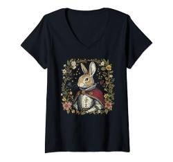 Damen Cottagecore Hasenkrieger Rosen Blumen Natur Fantasie T-Shirt mit V-Ausschnitt von Cottage core cool Bunny Rabbit Game Rose co.