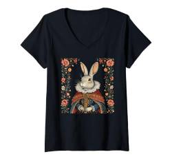 Damen Cottagecore Hasenkrieger Rosen Blumen Natur Fantasie T-Shirt mit V-Ausschnitt von Cottage core cool Bunny Rabbit Game Rose co.