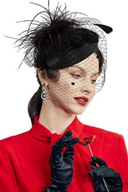 Coucoland Fascinators 1920 Fascinator Hut Damen Feder Blumen Mesh Elegant Hochzeit Fascinator Haarreif Cocktail Tee Party Accessoires (Schwarz) von Coucoland