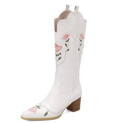 CouieCuies Embroiderot Floral Cowboy Stiefel for Women Weiß Mid Calf Cowgirl Boots Stacked Blockabsatzs Half Reißverschlussper von CouieCuies