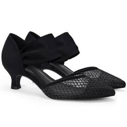 Coutgo Damen-Pumps mit niedrigem Kätzchen-Absatz, spitzer Zehenbereich, Knöchelriemen, Ausschnitt, elegant, Party, Hochzeit, Pumps, Netzstoff (Schwarz), 41 EU von Coutgo