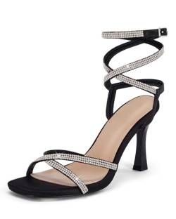 Coutgo Damen Strass Riemchensandalen Offene Quadratische Zehe Hohe Stiletto Heels Hochzeitsschuhe, Schwarz, 43 EU von Coutgo