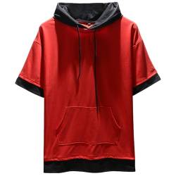 Covisoty Herren T-Shirt Kapuze Kapuzenpullover Sweatshirt Hoodie Patchwork Pullover Baumwolle Kurzarm Kurzarmshirt Sportswear Red XL von Covisoty