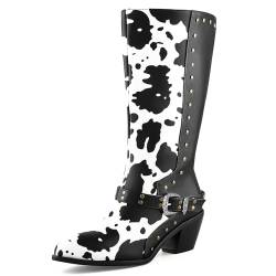 Cozivwaiy Damen Stiefel im Kuhflecken-Design Gesteppt Mid Calf Reitstiefel Schnallen Biker-Stiefel Chunky Absatz Western Moto Stiefel Zip 38 von Cozivwaiy