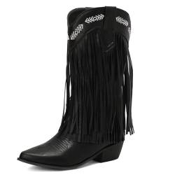 Cozivwaiy Fringe Western Stiefel Mid Calf Riding Stiefel Schwarz Cowboy Cowgirl Stiefel Chunky Heel Embroiderot Calf High Pull On Stiefel von Cozivwaiy