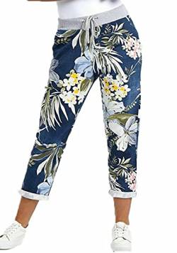 Crazy Fashion Damen Denim Jogger Stern Bedruckte Jogginghose Floral gerippte Gürtelhose Damen Lässige Sommer Italienische Gym Laufhose Plus Größe 34-52 (22, Jungle Dark Denim) von Crazy Fashion