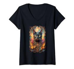 Damen Cat Haed Realistische niedliche Katzenfarbe, bunte Katze T-Shirt mit V-Ausschnitt von CrazyCat Kitten Meow Lovers Cat Silhouette Apparel