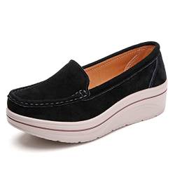 CrazycatZ Damen Schuhe mit Keilabsatz Loafers Komfort Wildleder Mokassins Schuhe (Black, eu_Footwear_Size_System, Adult, Women, Numeric, medium, Numeric_41) von CrazycatZ