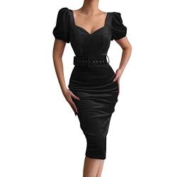 CreoQIJI Samtkleid Damen Elegant Kurzarm Bodycon Kleid Slim-Fit Knielang Wickelkleid Cocktail Party Kleider Sexy Quadratischem Kragen Abendkleider Mit Gürtel Cocktailkleid Midi Einfarbig Festkleid von CreoQIJI