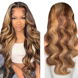 4x4 Lace Front Wig Echthaar Perücke Frauen 4x4 Transparente Spitze vorne 150% Dichte Body Wave Wig Brazilian Virgin Human Hair Wig P4/27 Highlight Wig Human Hair 18 inch von Creuost