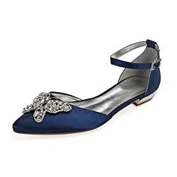 CrtTsks Damen Ballerinas Flache Brautschuhe Knöchelriemen Slip on Satin Hochzeit Kleid Party Brautjungfer Schuhe 36-43,Dark Blue,41 EU von CrtTsks