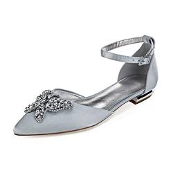 CrtTsks Damen Ballerinas Flache Brautschuhe Knöchelriemen Slip on Satin Hochzeit Kleid Party Brautjungfer Schuhe 36-43,Silber,37 EU von CrtTsks