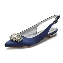 Damen Hochzeitsschuhe Flach Absatzschuhe mit Niedrige Absätzen Brautschuhe mit Absatz Flacher Geschlossene Zehe Pointed Toe Strass Wohnungen Pumps,Dark Blue,41 EU von CrtTsks