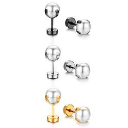 Cupimatch 3 Paare Ohrringe Set Damen Ohrstecker Perlen Edelstahl Piercing Ohr Schmuck Mädchen 8mm, Silber Gold Schwarz von Cupimatch