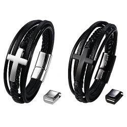 Cupimatch Armbänder 2er Lederarmbänder Kreuz: Schwarz Silber Personalisiertes Armband Freundschafts Armbänder Geflochtenes Lederarmband Geschenk für Männer Frauen von Cupimatch