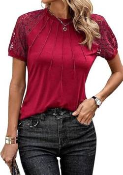 Cuptacc Damen Tops Sommer Spitze Bluse Mit Rundhalsausschnitt with Pleats Baumwoll Tunika Shirt Leicht Wein Rot, Mittel M 38-40 von Cuptacc