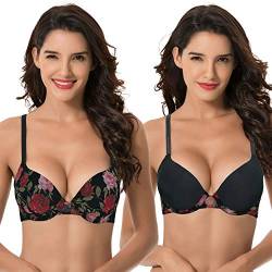 Curve Muse Damen Übergröße Perfekt Gestalten 1 Tasse Push Up hinzufügen Bügel-BHs-2er Pack-Schwarzer Druck, Schwarz-85D von Curve Muse