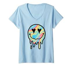 Damen Buntes Herz geschmolzenes glückliches Gesicht Lustiges schmelzendes Lächeln Gesicht T-Shirt mit V-Ausschnitt von Cute 80s Smile Happy Tee