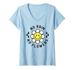 Damen Kein Regen, keine Blumen, Happy Smiling Smile Face Daisy Flower T-Shirt T-Shirt mit V-Ausschnitt von Cute 80s Smile Happy Tee