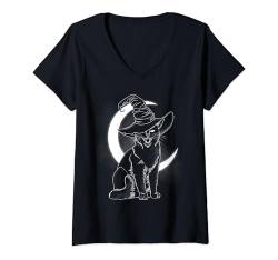 Damen Gruseliges Kätzchen Hexenhut Mond Süße Halloween Katze T-Shirt mit V-Ausschnitt von Cute And Funny Cat Zajoo