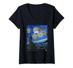 Damen Starry Night Cat Art Parodie Van Gogh Lustiger Katzenliebhaber T-Shirt mit V-Ausschnitt von Cute And Funny Cat Zajoo