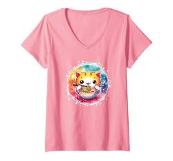 Damen Süße Kawaii-Katze Ramen Nudel Japanische Kawaii Ästhetische Anime T-Shirt mit V-Ausschnitt von Cute Anime Cat Ramen Aesthetic Kawaii Clothes