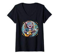 Damen Katzengitarrist Klassische Heavy-Metal-Musik Rockstar Funny T-Shirt mit V-Ausschnitt von Cute Cat Lover Outfit Gifts Girls Women