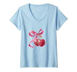 Damen Kirschen Rosa Schleife Kokette Ästhetik Y2K Cherry Girl Damen T-Shirt mit V-Ausschnitt von Cute Coquette Bows Pink Red Cherry Strawberry