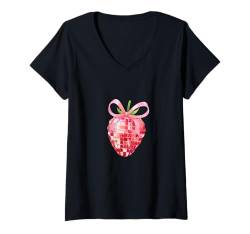 Damen Kirschen Rosa Schleife Kokette Ästhetik Y2K Cherry Girl Damen T-Shirt mit V-Ausschnitt von Cute Coquette Bows Pink Red Cherry Strawberry