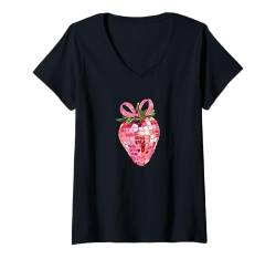 Damen Kirschen Rosa Schleife Kokette Ästhetik Y2K Cherry Girl Damen T-Shirt mit V-Ausschnitt von Cute Coquette Bows Pink Red Cherry Strawberry